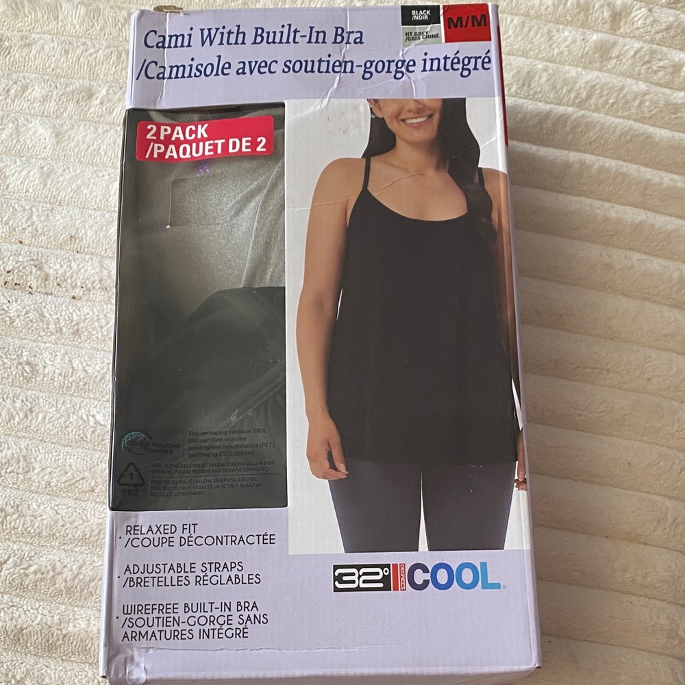 Brand New 32 Degrees Cool Black Cami with Built-In Bra - 2 Pack